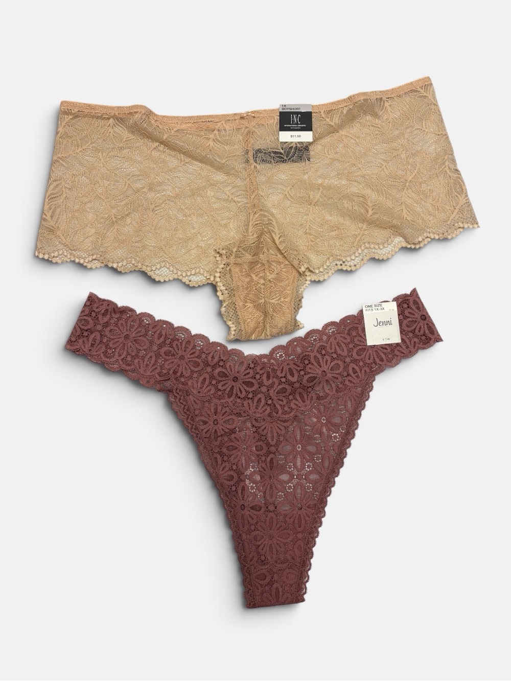 Lace Boyshort & Jenni Floral Lace Thong Set - Tan and dark pink